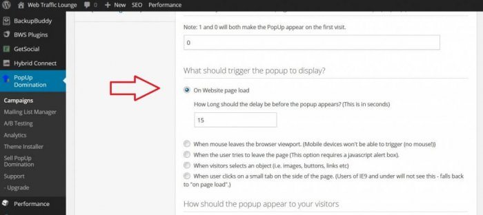 image of inside popup domination showing the plugin's custom trigger settings