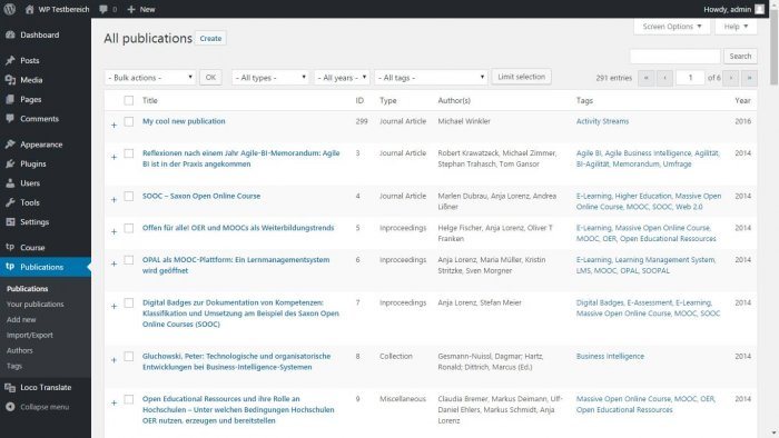 A list of academic publications shown in an admin WP dashboard, each presented with a title, ID, type, author, and a tag.