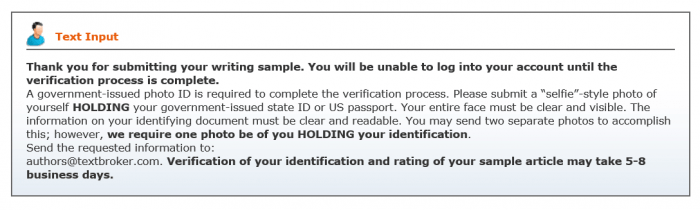 This is an image of a message a writer sees after submitting a 250-word writing test to Textbroker, a content mill.
