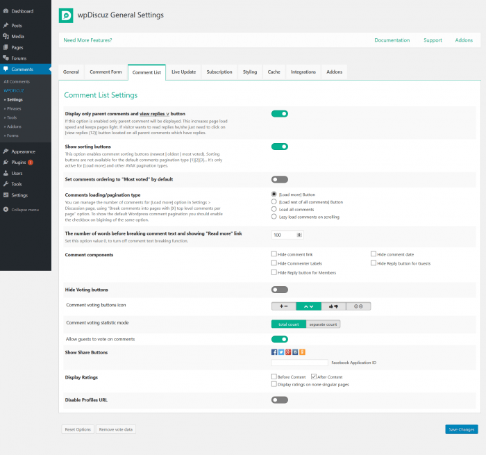 The general settings tab on the wpDiscuz dashboard allowing you to choose which comments to allow, how to sort them, which parts of them to appear, etc.