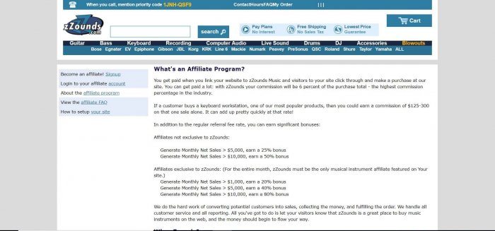 screenshot of the affiliate sign up page for zZounds