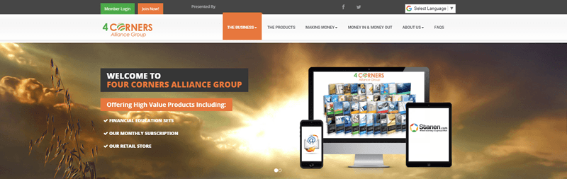 4 Corners Alliance Group website screenshot showing an outdoors image of a sunrise or sunset, along with various products from the company.