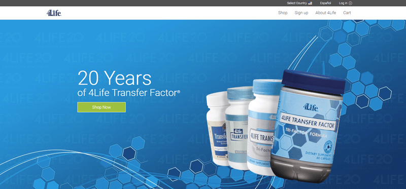 4Life Website Screenshot showing four bottles of pills against a blue background. 