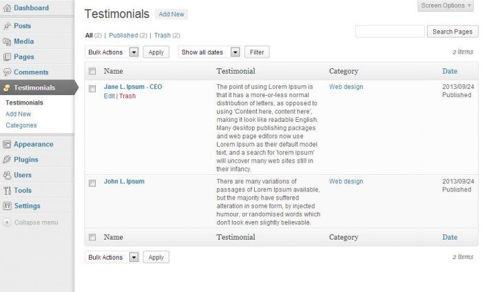 The plugin's admin panel showing the testimonial library. For each testimonial appears a name, text, category, and date. There is a checkbox at the left for the admin to choose the testimonials to be displayed.