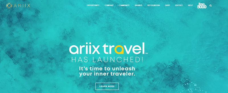 ARIIX website screenshot showing a light blue ocean and information about the launch of ARIIX travel. 