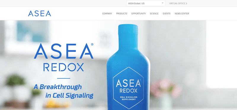 ASEA website screenshot showing a bottle of the ASEA Redox product sitting on a kitchen counter. 