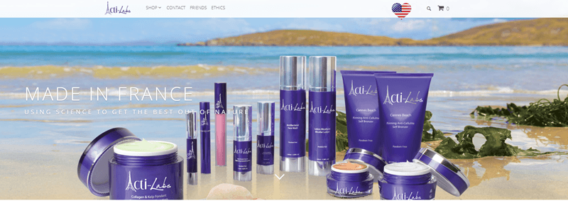 Acti-Labs website screenshot featuring various products on a beach. 