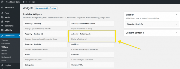 The widgets section in the AdSanity interface. From that section you can drag and drop widgets to various locations on your website, each of which is specifically designed for a single function (ex: Rotating Ads, Single Ad, Audio).