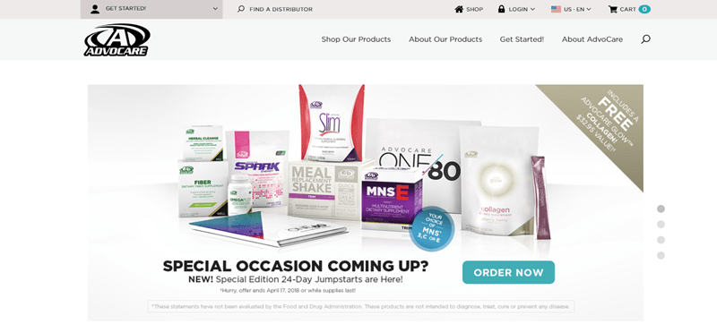 Advocare website screenshot featuring a selection of different products from the company, along with a link to order. 