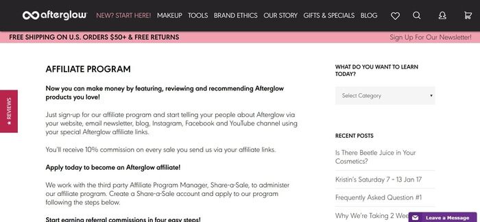 screenshot of the affiliate sign up page for Afterglow