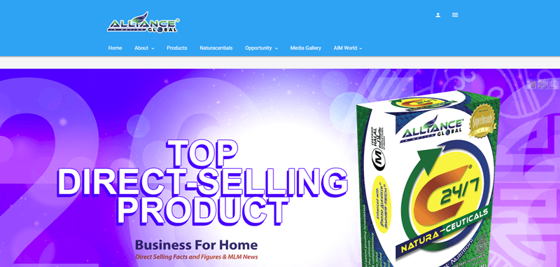 Alliance Global website screenshot showing their 24/7 Natural-ceuticals product against a purple background. 