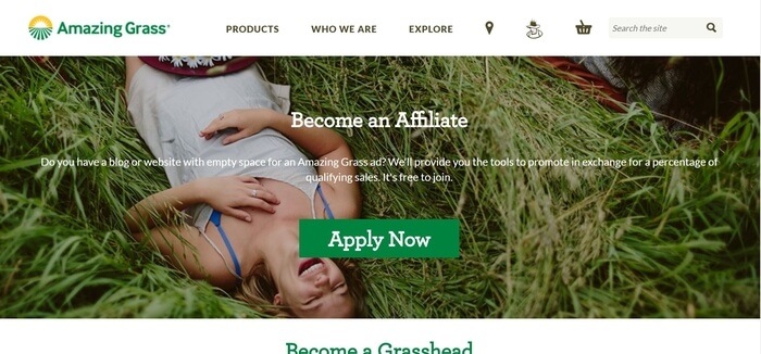 screenshot of the affiliate sign up page for Amazing Grass