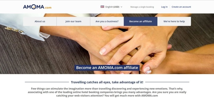 screenshot of the affiliate sign up page for Amoma.com
