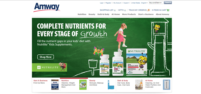 Amway website screenshot showing a chalkboard background with a playground partly drawn in chalk. 