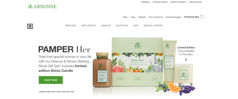 Arbonne website screenshot showing a selection of pamper products for females. 