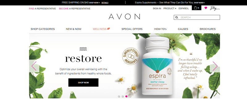 Avon website screenshot showing their sleep aid product surrounded by various pieces of greenery. 