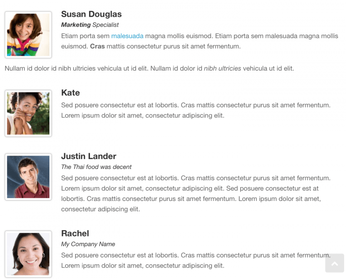 A list of testimonials as they appear inside the widget on the frontend. Each testimonial appears with the user's name and profile picture, along with their title or company name.