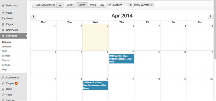 BirchPress | One More Cup of Coffee The "Scheduler" open on the calendar interface which appears on the admin side with all of the booked appointments marked for you.