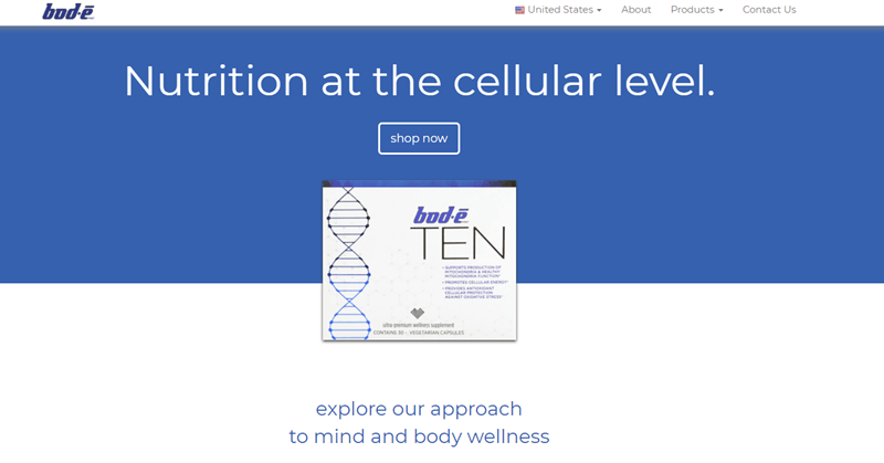 Bod.e Pro website screenshot showing the bod.e TEN product partly overlaid across a blue background. 