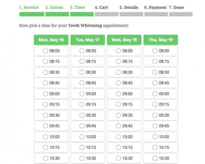 Bookly | One More Cup of Coffee The "Time" tab inside the booking process where the user is provided with a list of time slots to choose from before proceeding to the shopping cart.