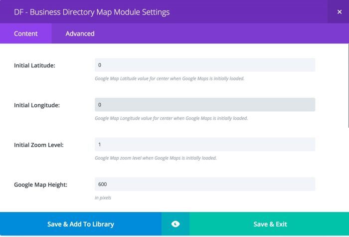 Business Directory | One More Cup of Coffee A "Business Directory Map Module Settings" page where the dimensions of the map are adjusted. There are fields for the initial latitude, longitude, and zoom level as well as the Google Map height.