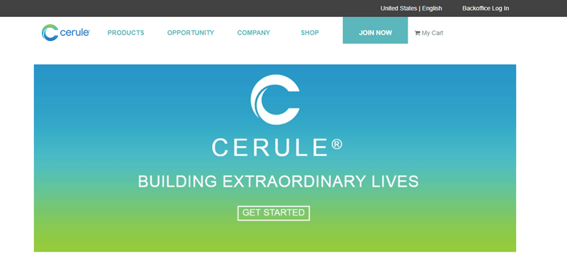 Cerule website screenshot showing an image with a blue-green gradient and the tagline ‘building extraordinary lives’.