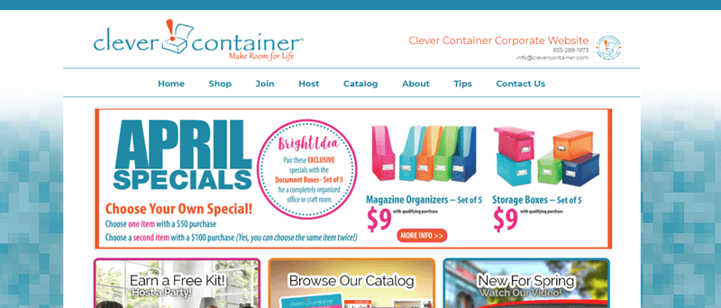 Clever Container website screenshot highlighting their April specials, which include storage boxes and magazine organizers. 