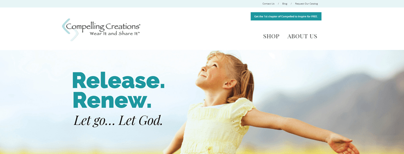 Compelling Creations website screenshot showing a young girl with her arms spread looking up at the sky. 