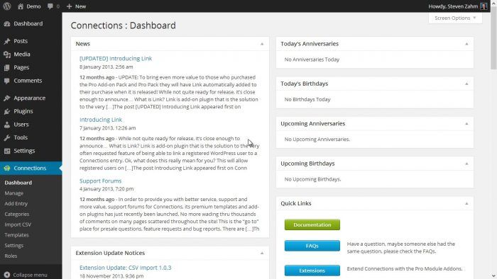 Connections | One More Cup of Coffee The Connections plugin's dashboard displaying news and updates about the plugin in a widget, and next to it are smaller widgets for upcoming events (anniversaries and birthdays). At the bottom-right is a Quick Links widget, which shows links for documentation, FAQs and extensions.
