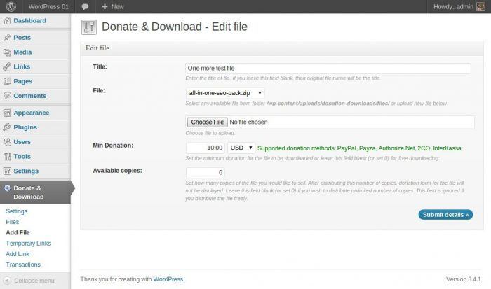 Digital Playbox | One More Cup of Coffee The plugin's tab inside the WordPress dashboard. The admin is submitting a file to be locked to donors, and at the bottom there is a field for the minimum donation amount and the number of copies to be made available for each donor.