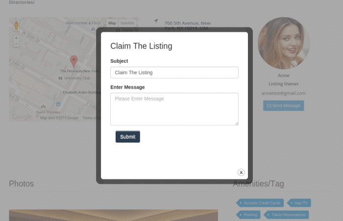 Directory Pro | One More Cup of Coffee A listing claim request box. The request form shows a subject field and another for the message followed by a "Submit" button.