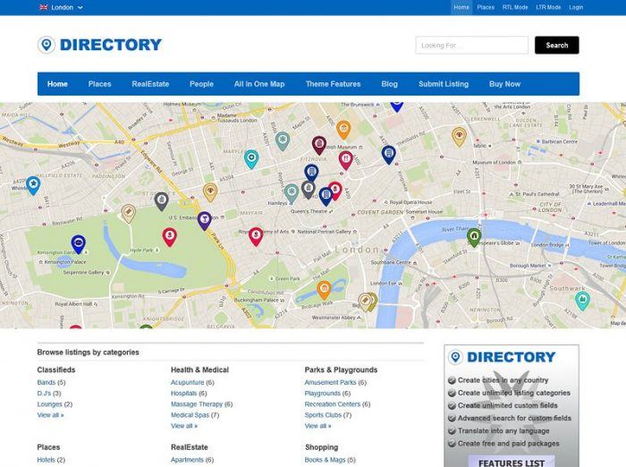 Directory Theme | One More Cup of Coffee The Directory theme homepage. Below the header there is a menu, then a map with markers for each listing. At the bottom are the website's navigation links.