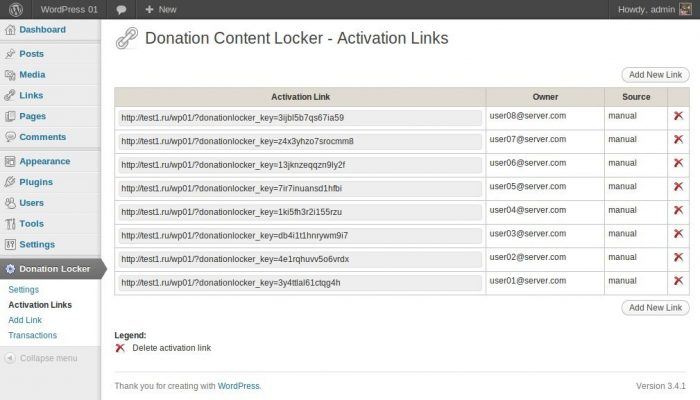 Donation Content Locker | One More Cup of Coffee The Donation Locker tab inside the WordPress dashboard. The page shows the activation links that you send out to donors after they send their money in order to allow them to view your content. Each link shows the name of the donor to whom it was issued.