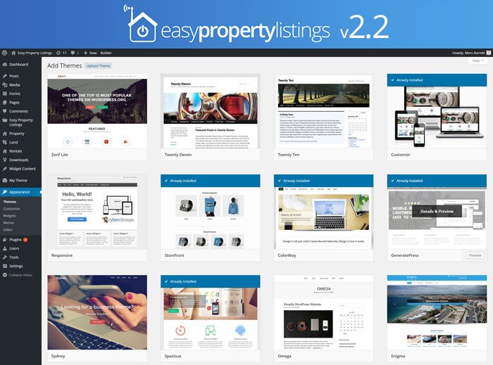Easy Property Listings | One More Cup of Coffee The WordPress dashboard showing a grid of the themes provided by the Easy Property Listings plugin.