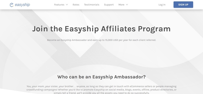 screenshot of the affiliate sign up page for Easyship