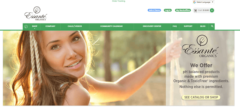 Essante Organics website screenshot showing a young brunette girl sitting on a swing and smiling. 