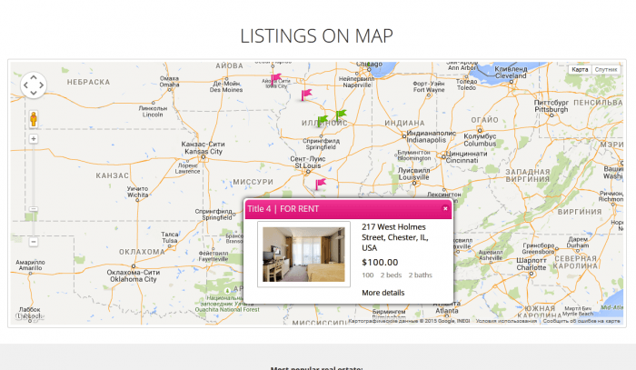 Estatik | One More Cup of Coffee A map marking the website's listings by colored flags depending on their status. When a flag is clicked, a box appears with details about the property.