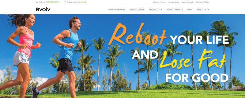 Evolv Health website screenshot showing a young couple running outside with palm trees and green grass in the background. 