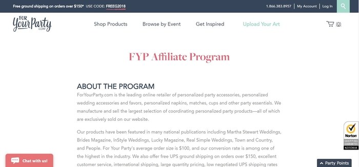 screenshot of the affiliate sign up page for ForYourParty.com