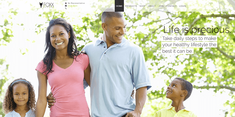 Foxx Legacy website screenshot showing an African American family outside enjoying the sunshine.