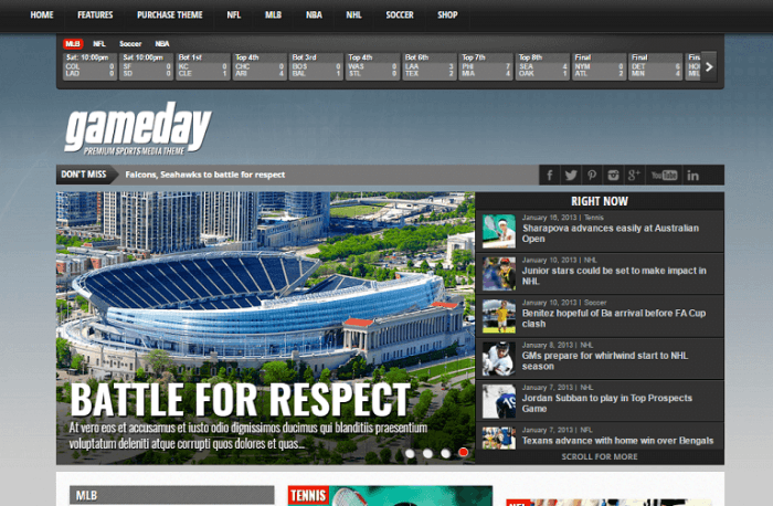 Gameday | One More Cup of Coffee The Gameday homepage with a menu at the top, then a scoreboard, and a newsfeed shifting among headlines with the featured image for the current headline displayed next at the center.