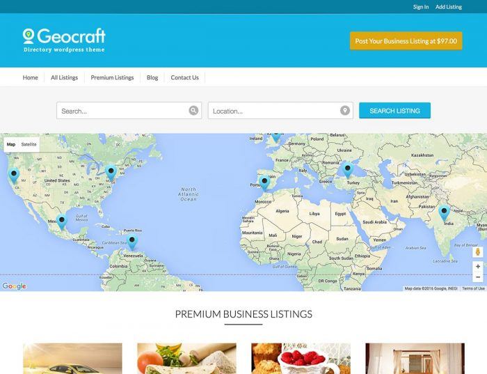 Geocraft | One More Cup of Coffee The Geocraft homepage showing a world map with a search engine at the top. Below the map are the premium listings.