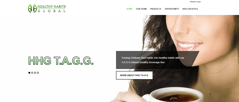 Healthy Habits Global website screenshot showing a young woman drinking coffee and the words HHG T.A.G.G. 