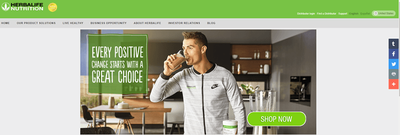 Herbalife website screenshot featuring an athletic man drinking a chocolate Herbalife shake.