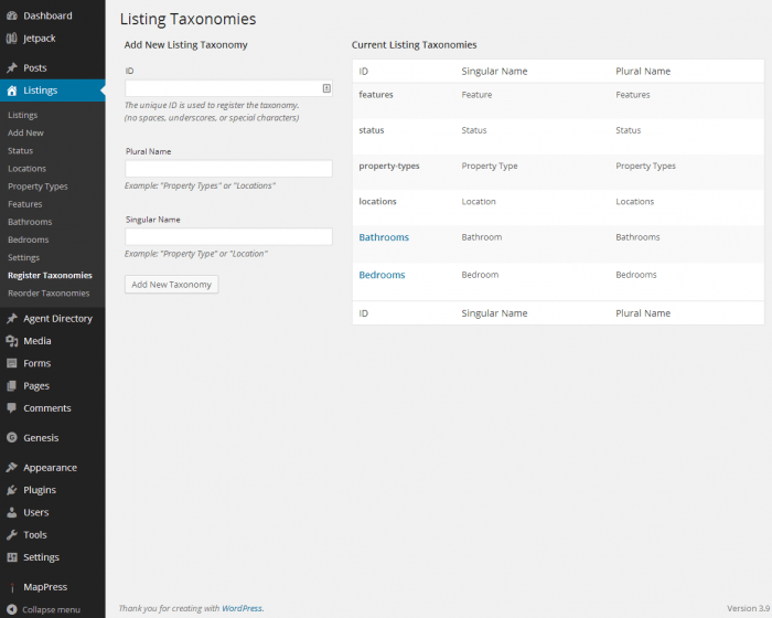 IMPress | One More Cup of Coffee The "Listing Taxonomies" page inside the dashboard where you have fields for each item (ex: ID, Plural Name, Singular Name), and on their right is a table for the "Current Listing Taxonomies."