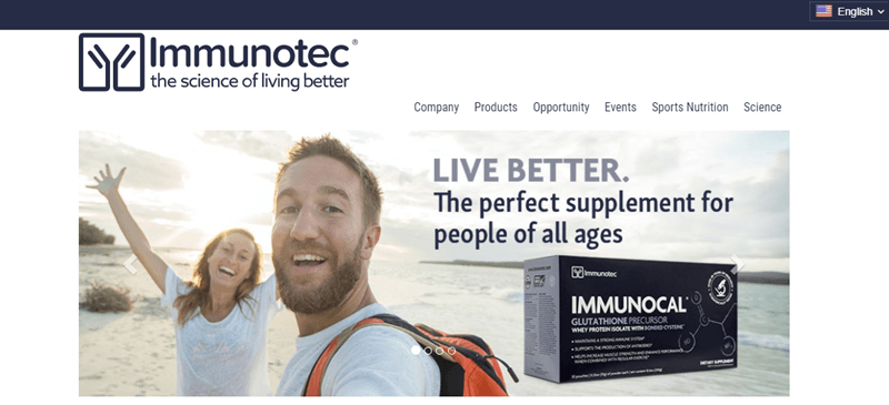 Immunotec website screenshot showing a young couple smiling and excited on a beach. There is also text about living better and how the supplement is perfect for all ages. 