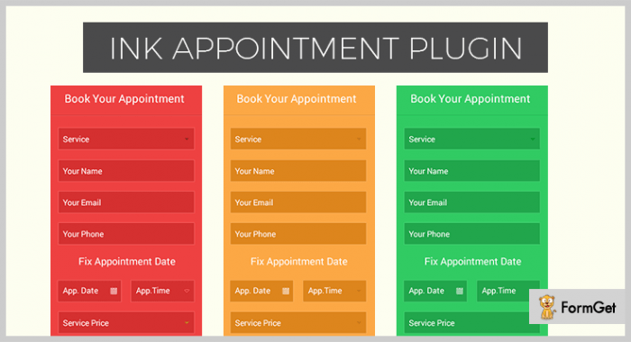 Ink Appointment | One More Cup of Coffee Three similar booking widgets with different background colors showing fields for the service, name, e-mail, phone number, and the time and price of the booking.