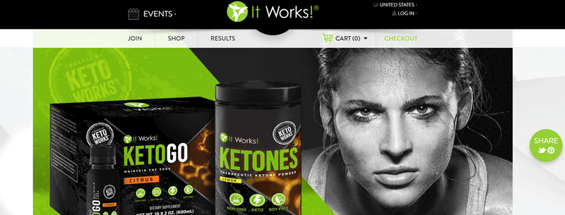 It Works website screenshot showing two keto products and the image of a determined athlete. 