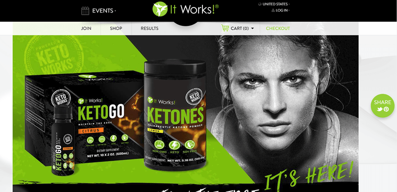 It Works! website screenshot showing two of their ketone-focused products, along with a black and white image of a determined woman staring at the camera. 