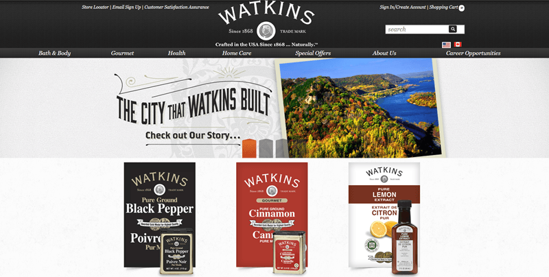 J.R. Watkins website screenshot showing a vibrant image of countryside, along with three products from the company. 